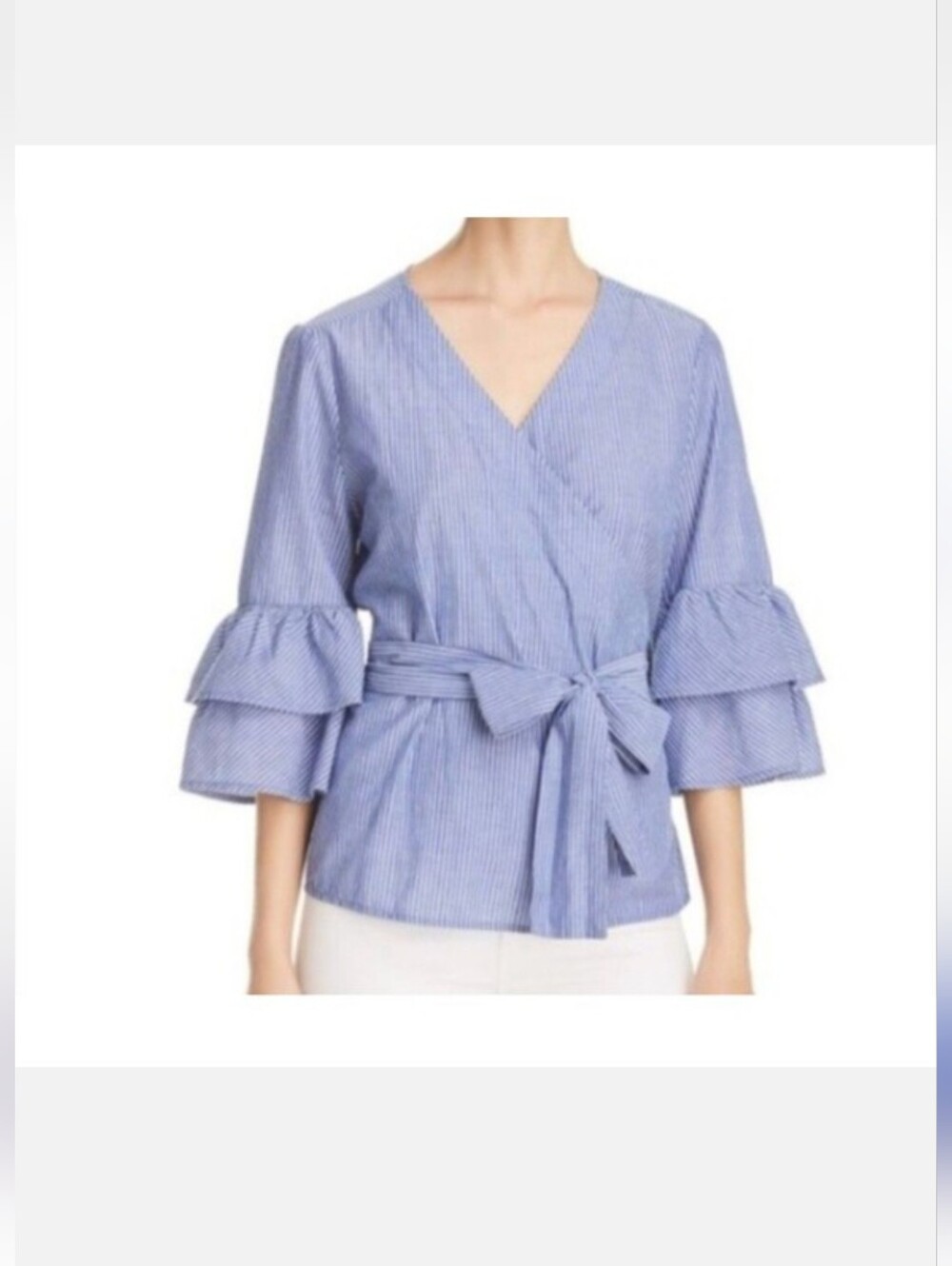 beachlunchlounge Blue Striped Wrap Blouse with Tiered Ruffle Sleeves